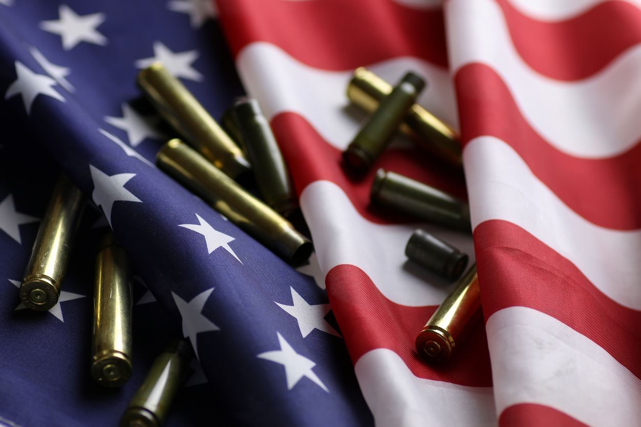 Second Amendment Rights inspired stock image. Displaying American flag and bullets.